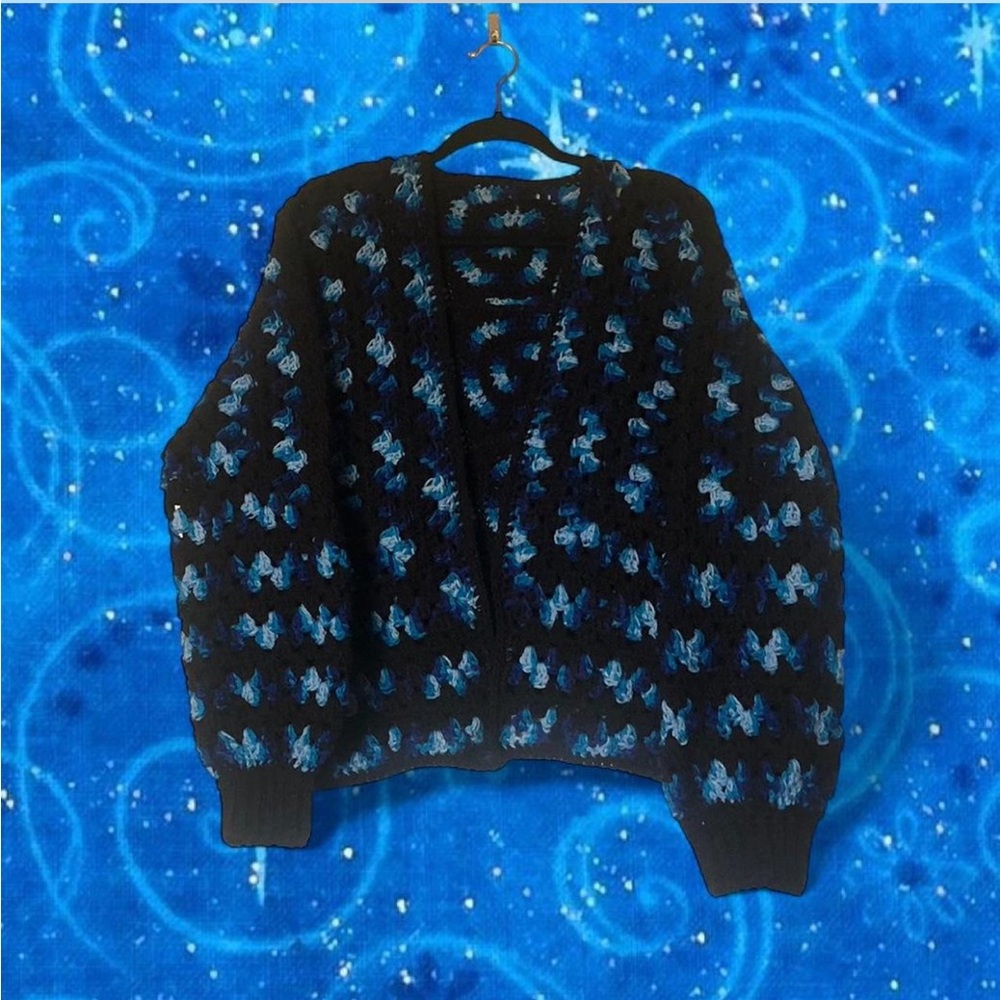 crochet black and multi blue spiral cardigan HANDMADE